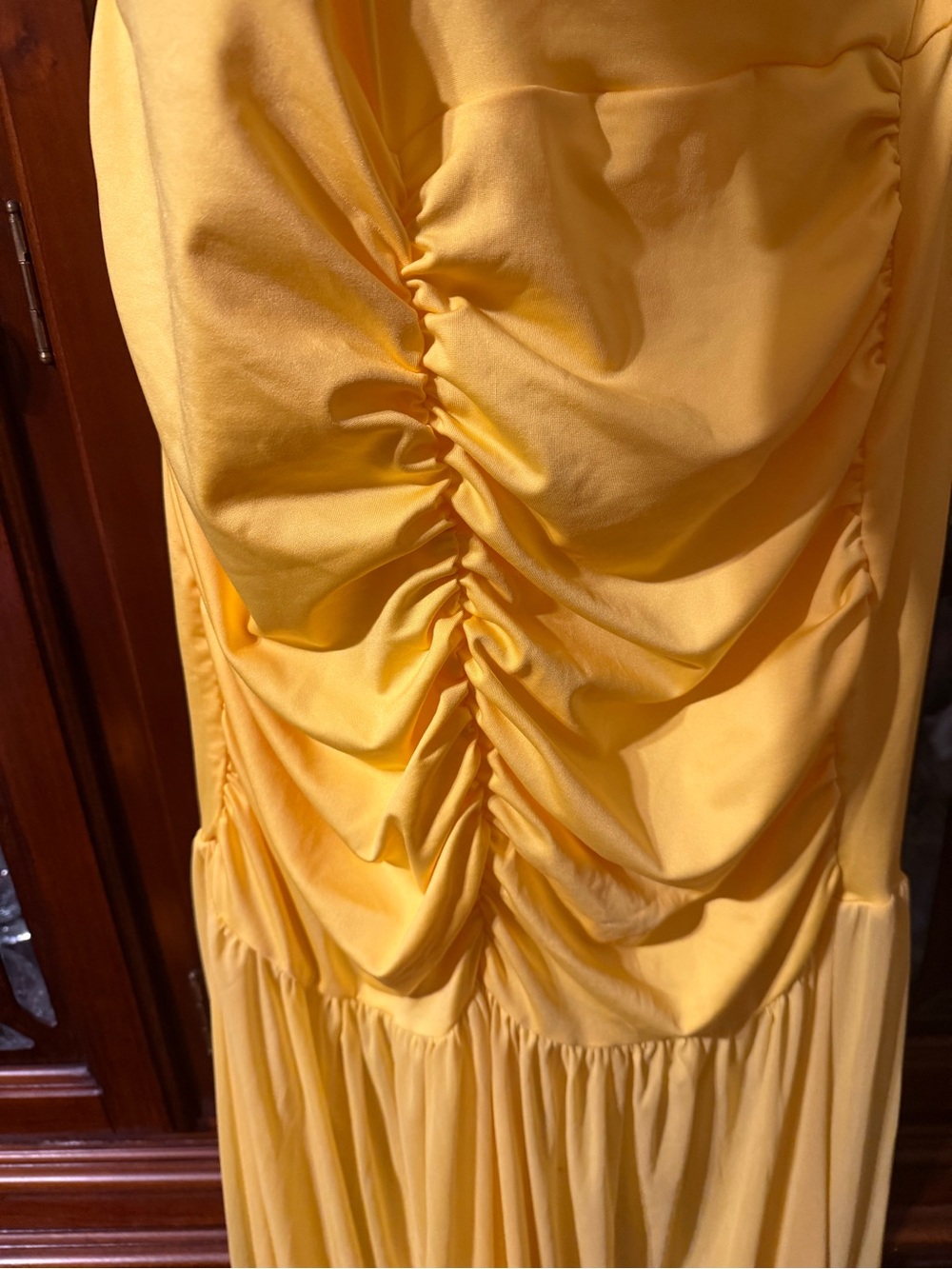 Shein Women’s Yellow Flowy Halter Top Dress With Ruched Hips and Sheer Bottom - Picture 4 of 5